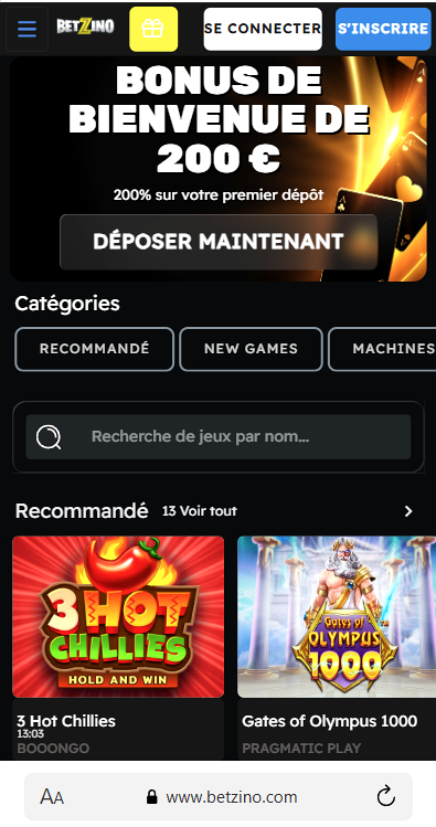 Interface mobile BetZino sur iPhone